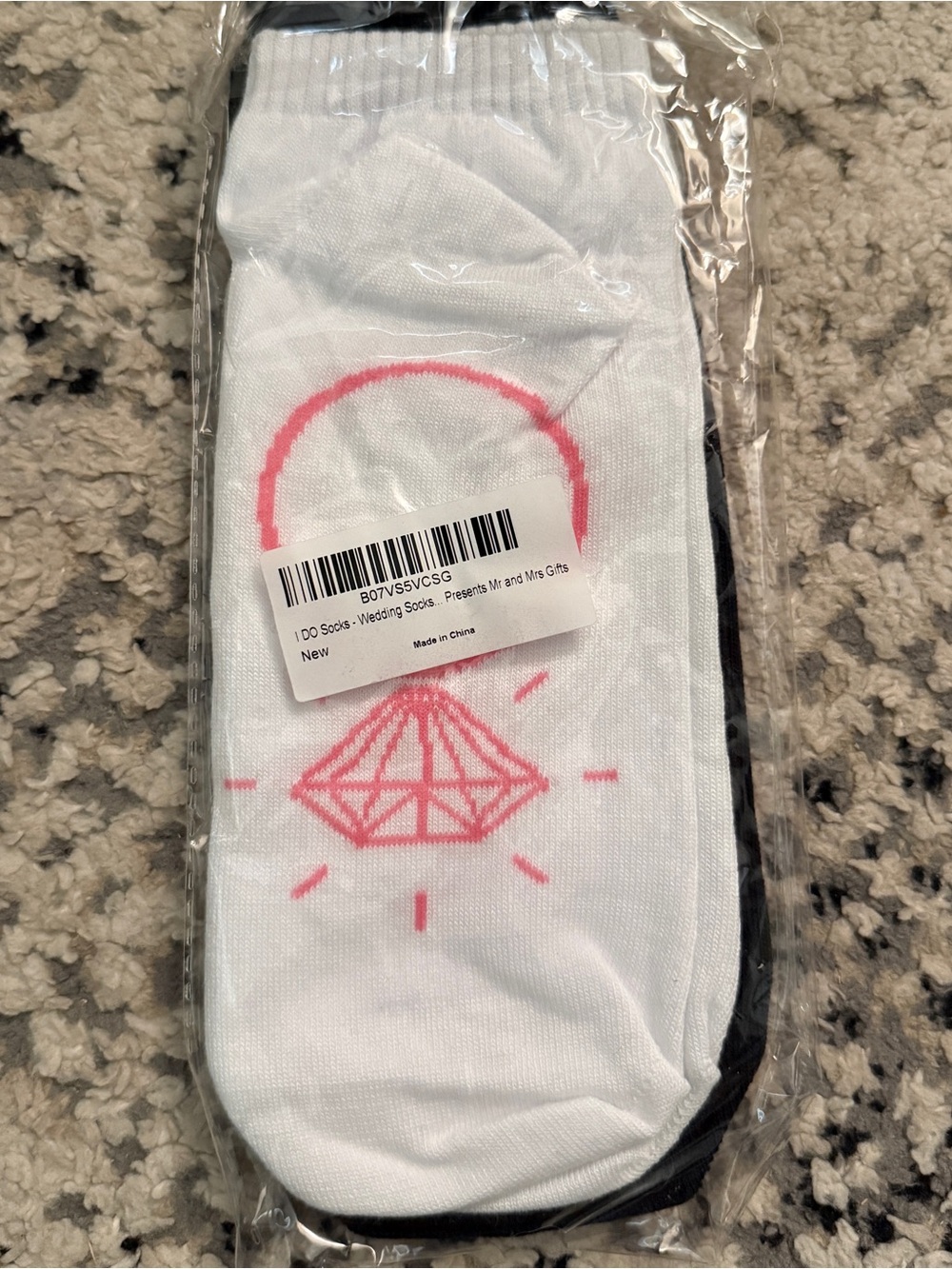 White Women's Novelty Socks with Pink Diamond Design